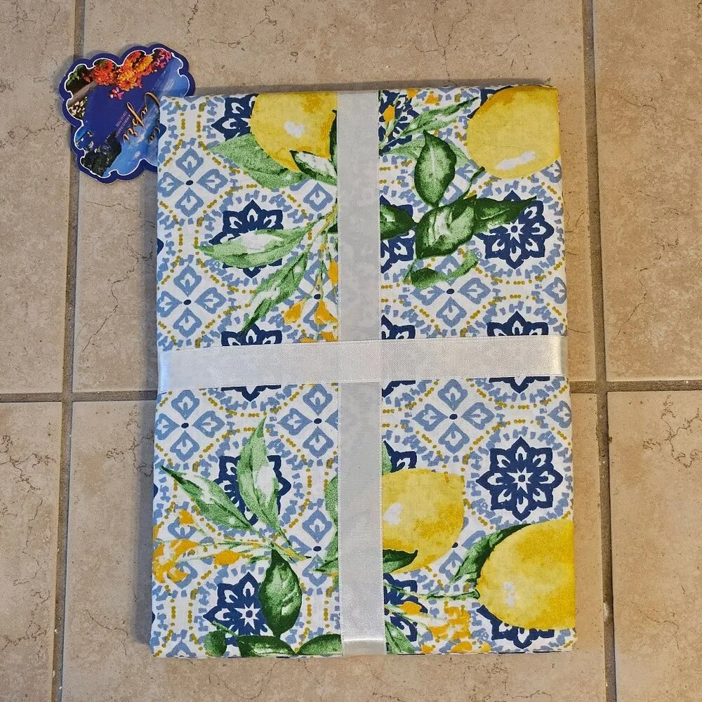RARE NEW STOF FRANCE LEMON BLUE WHITE MEDITERRANEAN 63x118 COTTON TABLECLOTH